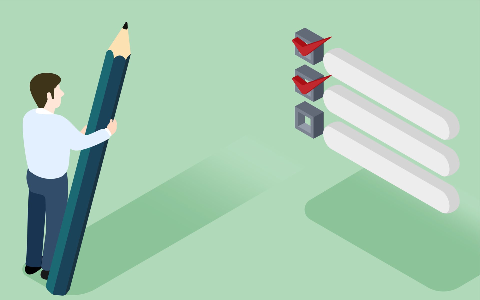 チェックリストの前で鉛筆を持つ男性